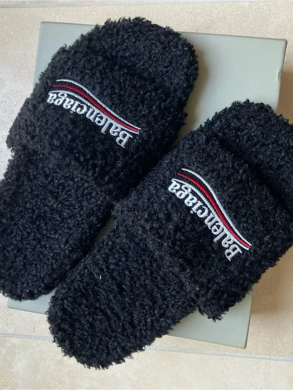 Balenciaga Black Fuzzy Logo Slide Sandals with Red & White Accent